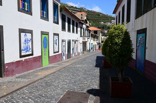 Alley with artistic door paintings in Câmara de Lobos; Madeira